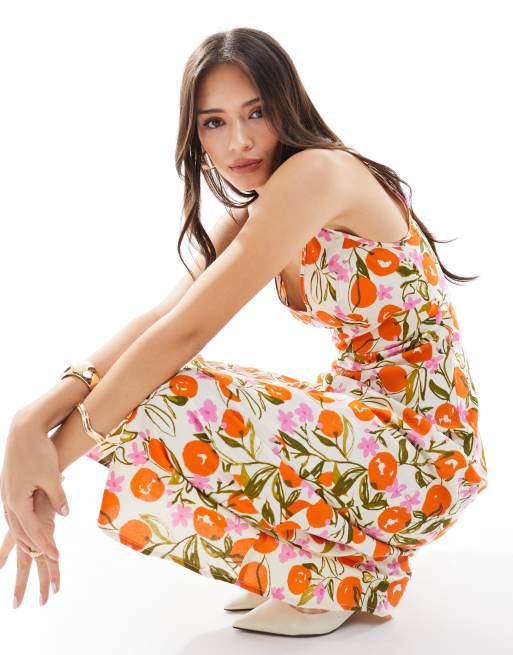 ASOS DESIGN - Orange midikjole med høje spidser og frugtprint, 3 af 4