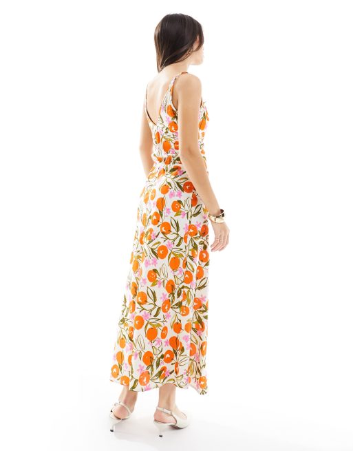 ASOS DESIGN - Orange midikjole med høje spidser og frugtprint, 4 af 4