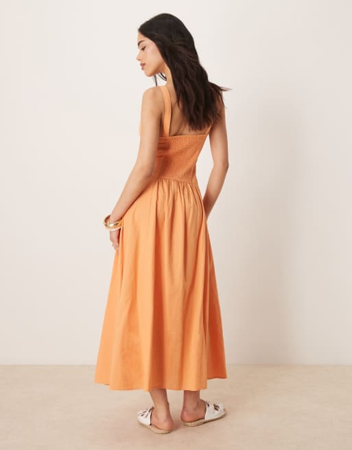 ASOS DESIGN – Orange midiklänning med fyrkantig ringning och sänkt midja, 3 av 4