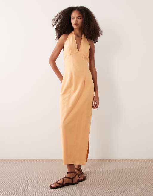 ASOS DESIGN – Orange midiklänning med halterneck och formad byst i bomull och linne, 2 av 4
