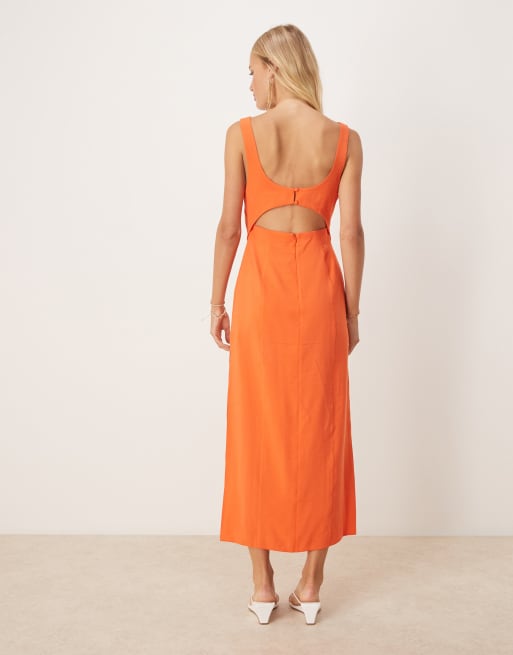 ASOS DESIGN – Orange midiklänning med smala axelband, knut vid bysten och utskurna detaljer, 4 av 4