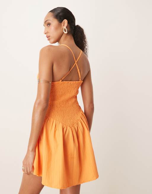 ASOS DESIGN - Orange mini-sommerkjole med dyb rund hals og krydsende rygstropper i krølstof , 3 af 4