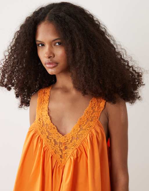 ASOS DESIGN - Orange mini-sommerkjole med V-hals samt smock og blondeoverlag i poplin, 3 af 4