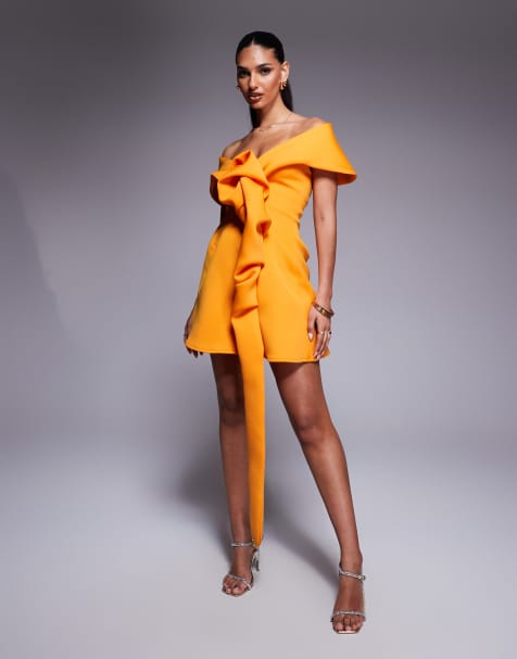 ASOS DESIGN - Orange minikjole i scuba-stof med offshoulder-snit, nederdel med A-form og manipuleret front - view 1