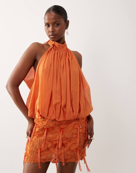 ASOS DESIGN - Orange minikjole med halterneck, drapering, plisseringer og udsmykninger - view 1