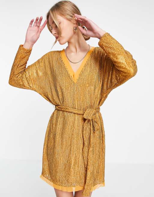 ASOS DESIGN – Orange miniklänning med knyt i midjan och linjär paljettutsmyckning