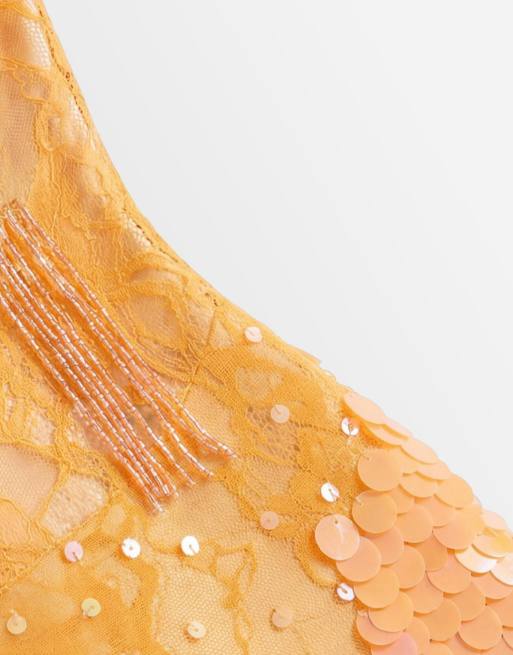 ASOS DESIGN – Orange miniklänning med smala axelband och utsmyckning i skir spets, 8 av 8