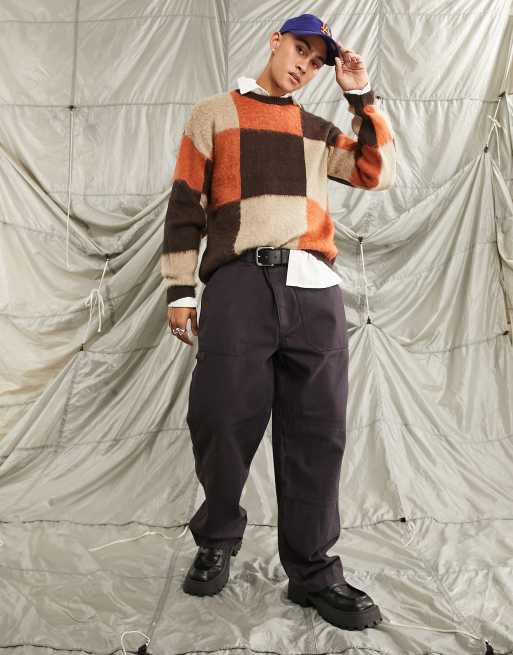 ASOS DESIGN – Orange och grå stickad tröja i fluffigt material med schackrutigt mönster, 4 av 4