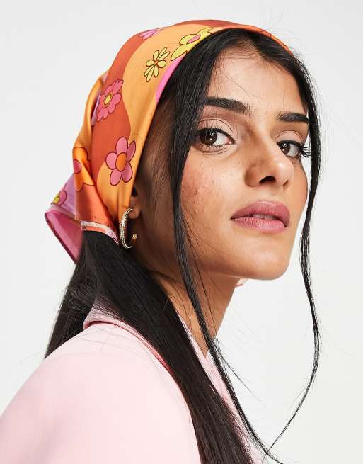 ASOS DESIGN – Orange och rosa medelstor hårsjal i polysatin med blommönster - BPINK, 3 av 4