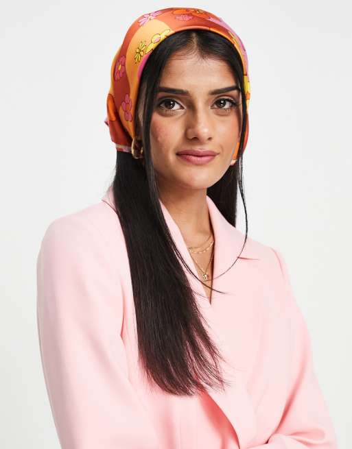 ASOS DESIGN – Orange och rosa medelstor hårsjal i polysatin med blommönster - BPINK, 4 av 4