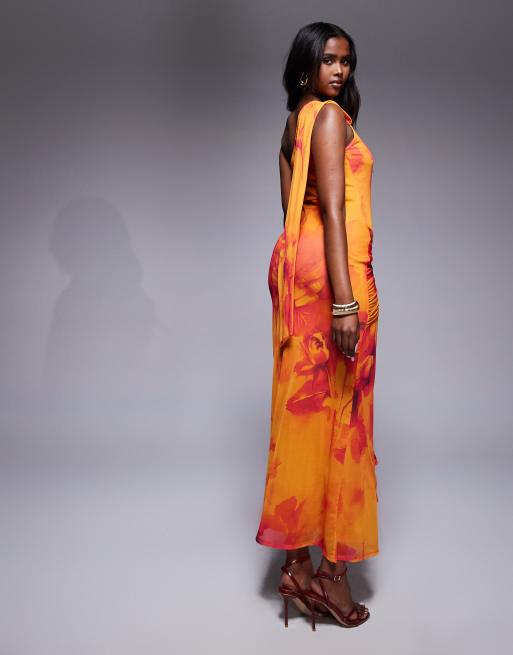 ASOS DESIGN - Orange oneshoulder-maxikjole med knudedetalje på skørtet og blomstermønster i mesh, 3 af 4