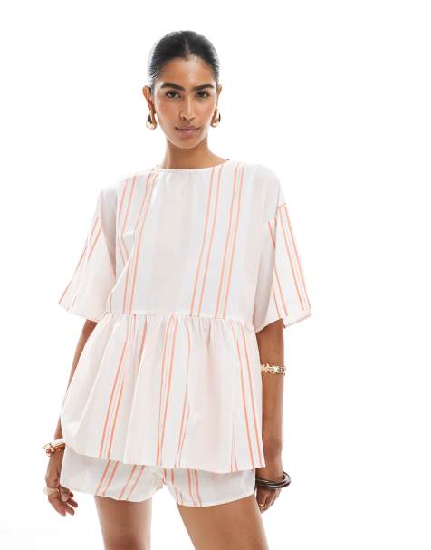 ASOS DESIGN – Orange, randig, smockad topp i oversize och peplum-modell med korta ärmar, del av set - view 1