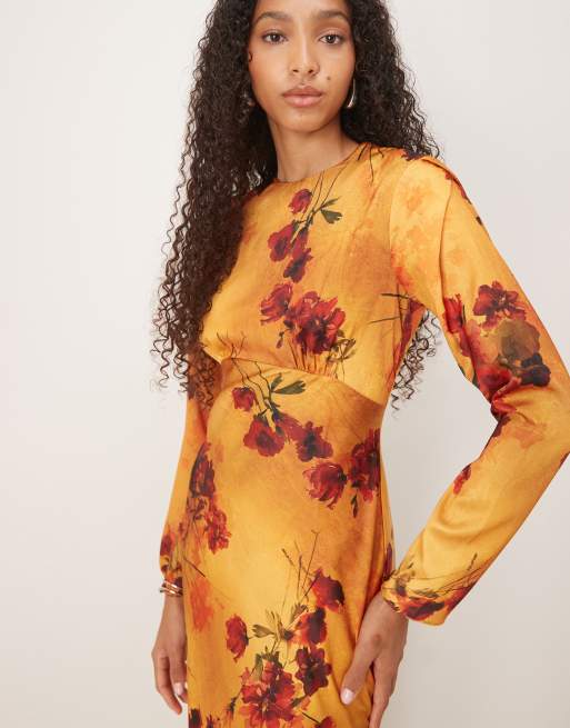 ASOS DESIGN - Orange slip-maxikjole i satin med skråsnit og brystdetalje samt blomstermønster, 3 af 4