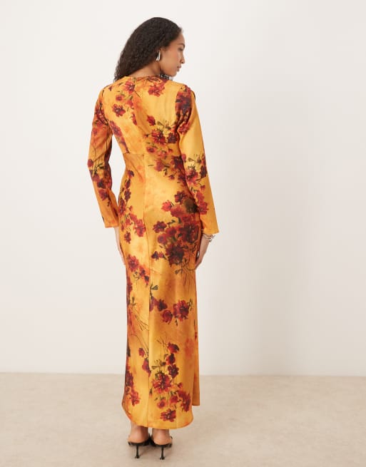 ASOS DESIGN - Orange slip-maxikjole i satin med skråsnit og brystdetalje samt blomstermønster, 4 af 4