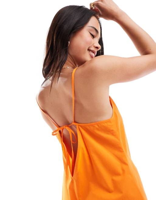 ASOS DESIGN – Orange strandklänning i minilängd med fyrkantig halsringning och sänkt fåll, 3 av 4