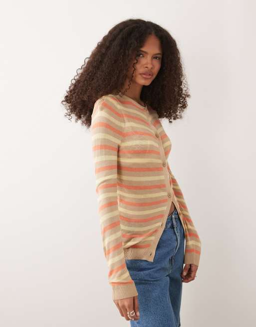 ASOS DESIGN - Orange stribet cardigan i fin gennemsigtig strik, 2 af 4