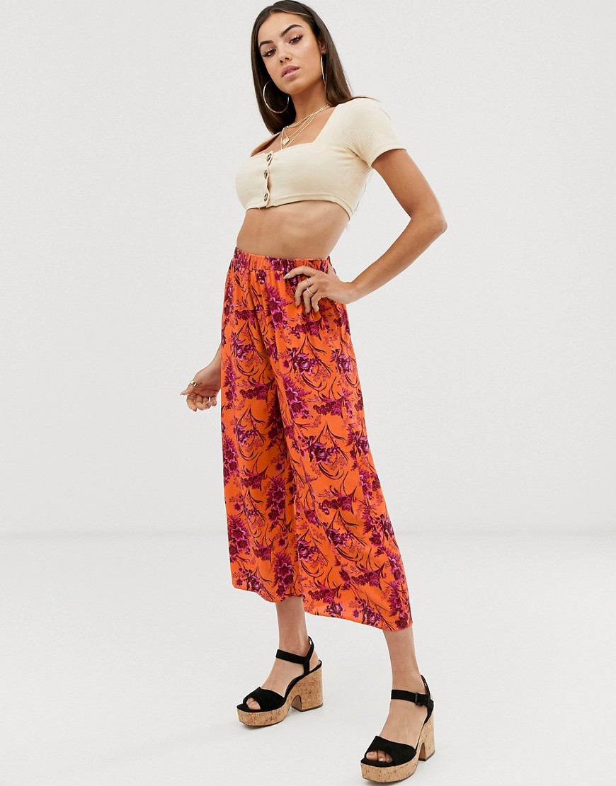 ASOS DESIGN – Orangefärgade culotte-byxor med tropiskt mönster och elastisk midja-Flerfärgad
