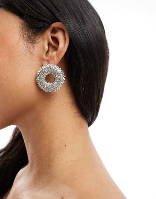 ASOS DESIGN - Orecchini a bottone argentati con dettaglio circolare con micro cristalli