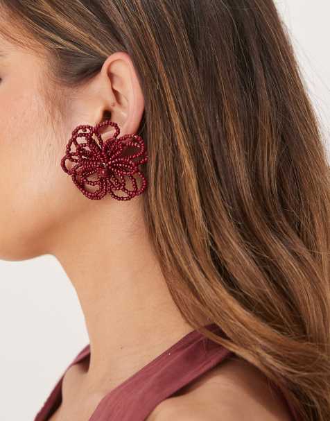 ASOS DESIGN - Orecchini a bottone bordeaux con design floreale con perline - view 1