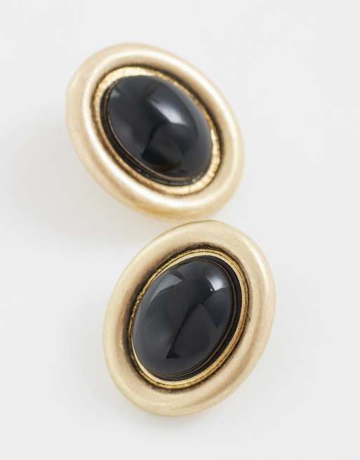 ASOS DESIGN - Orecchini a bottone color oro spazzolato con pietra in resina nera, 4 di 4
