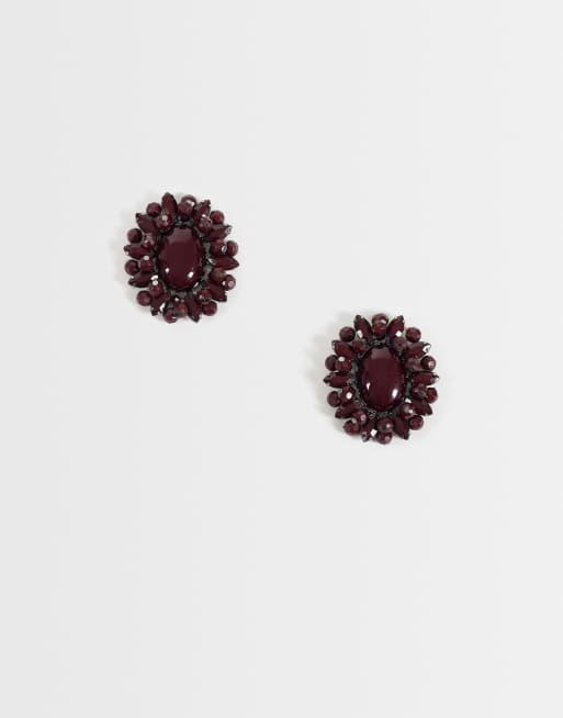 ASOS DESIGN orecchini a bottone con design floreale in pietre bordeaux, 4 di 4