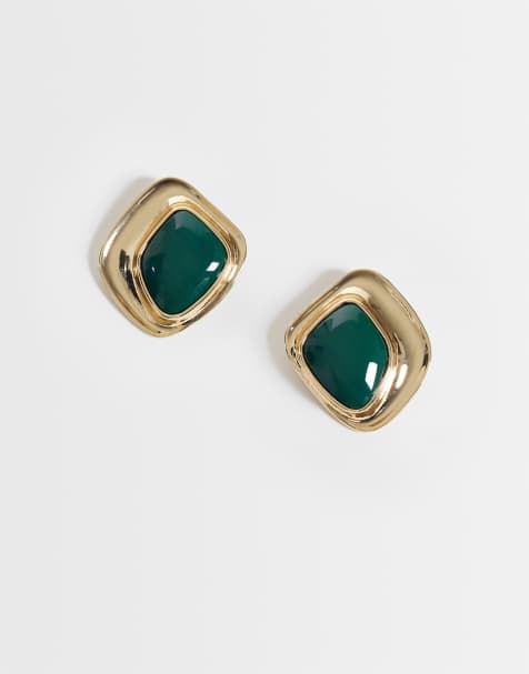 ASOS DESIGN orecchini a bottone con pietra verde squadrata in finitura dorata - view 1