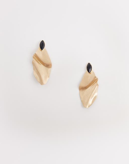 ASOS DESIGN - Orecchini a bottone grandi color oro spazzolato con pietra nera incastonata