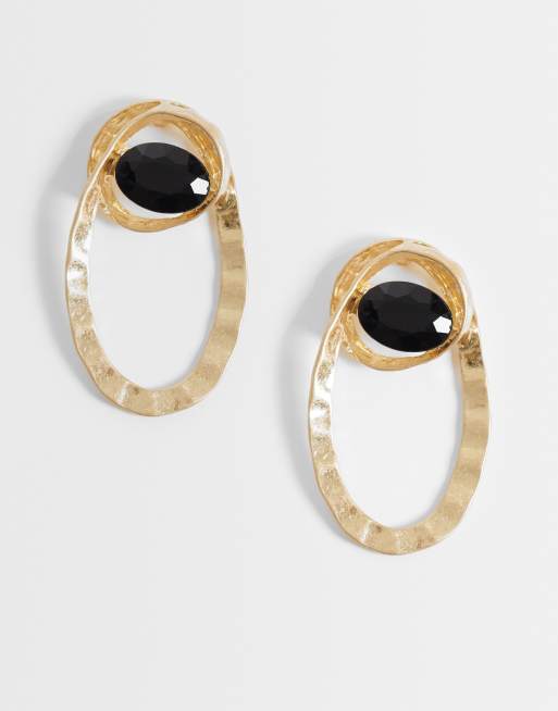 ASOS DESIGN - Orecchini a bottone grandi color oro spazzolato con pietra nera incastonata
