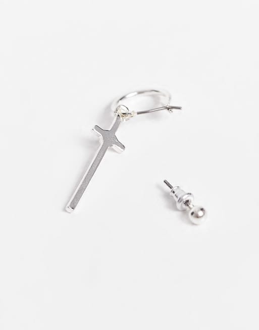 ASOS DESIGN - Orecchini a cerchio, a pendente e a bottone con cuore e croce argento
