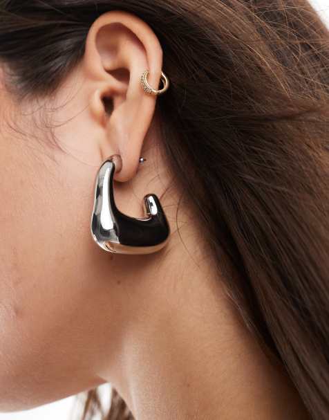 ASOS DESIGN - Orecchini a cerchio argentati con dettaglio squadrato effetto fuso - view 1
