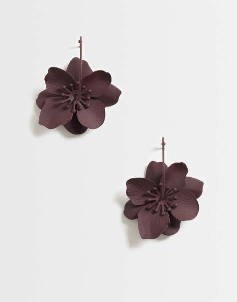 ASOS DESIGN - Orecchini a cerchio bordeaux con ciondoli a fiori - view 1
