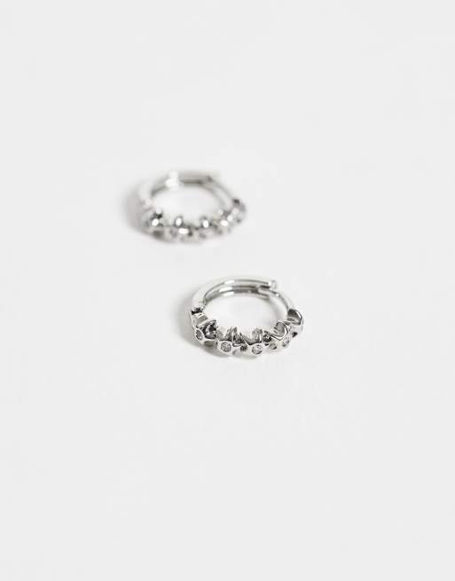 ASOS DESIGN orecchini a cerchio con fila di stelle e zirconi cubici, color argento, 3 di 4