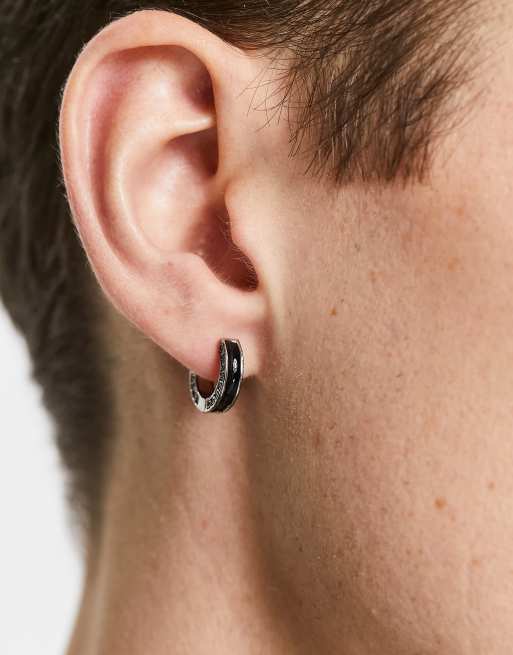 ASOS DESIGN - Orecchini a cerchio con motivo a onda greca e smalto nero color argento