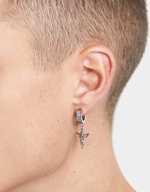ASOS DESIGN - Orecchini a cerchio in acciaio inossidabile argentato con angelo in cristalli
