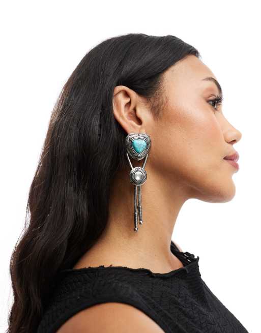 ASOS DESIGN - Orecchini pendenti argentati con dettaglio a forma di cuore con pietra sintetica turchese
