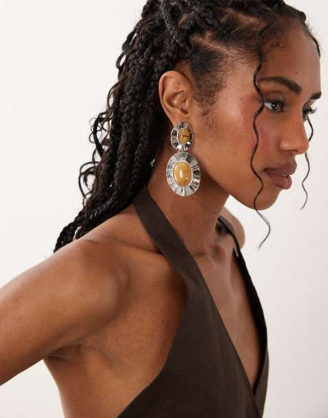 ASOS DESIGN - Orecchini pendenti argentati con doppia pietra incastonata - view 1