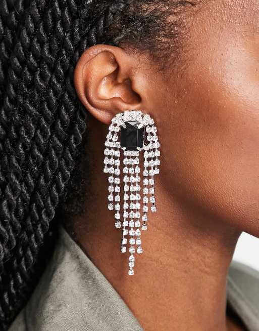 ASOS DESIGN - Orecchini pendenti color argento con cristalli e gemma nera