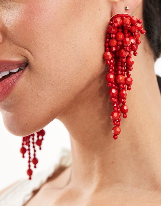 CerbeShops DESIGN - Orecchini pendenti con design a cascata di perline rossi