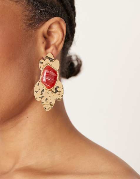 ASOS DESIGN - Orecchini pendenti dorati con pietre semipreziose e design martellato - view 1