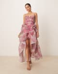 [ASOS DESIGN] ASOS DESIGN organdie maxi dress with manipulated skirt and hi-lo hem in pink floral print-Multi 18 Pink floral print