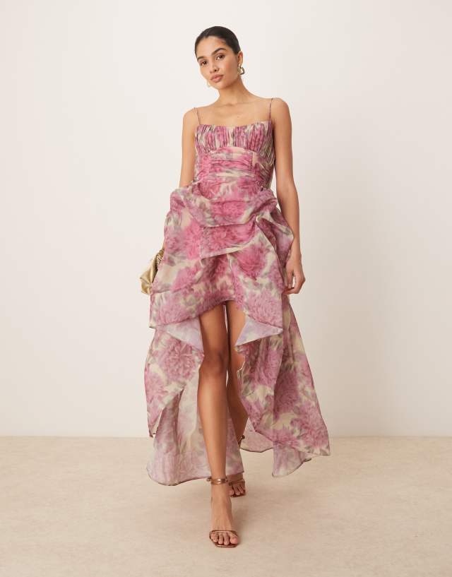 asos floral bodycon dress DESIGN organdie maxi with manipulated skirt and high-low hem in pink print Halter