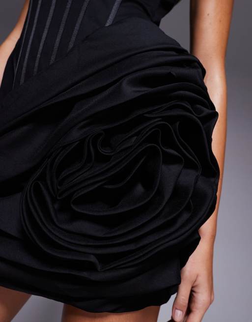 ASOS DESIGN organdie structured volume skirt mini dress with manipulated floral in black, 3 of 4