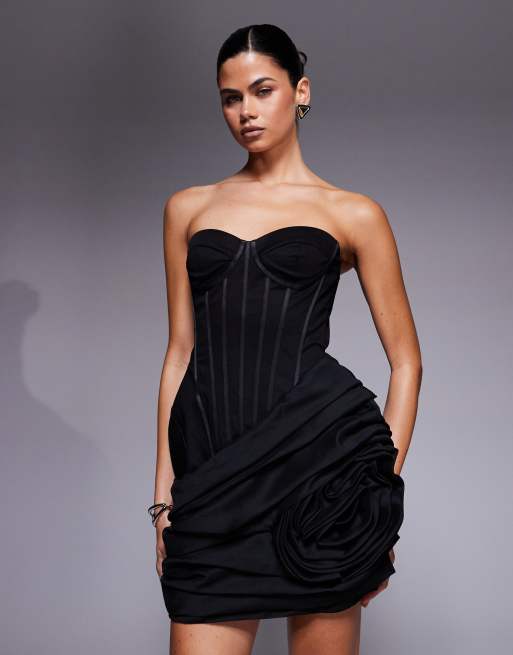 ASOS DESIGN organdie structured volume skirt mini dress with manipulated floral in black