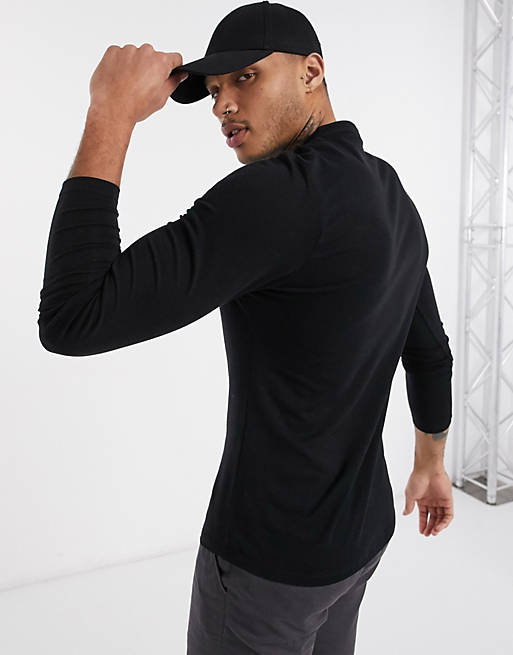 Men organic blend cotton long sleeve muscle fit jersey shirt with grandad collar in black 