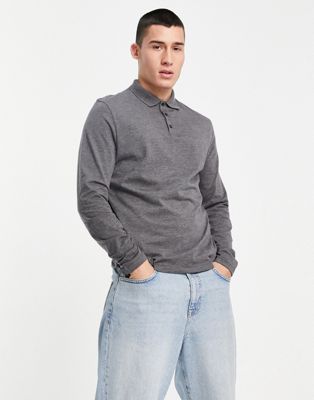 ASOS DESIGN long sleeve jersey polo in charcoal marl - CHARCOAL