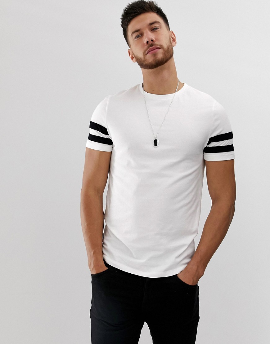 ASOS DESIGN organic blend skinny fit t-shirt with black contrast sleeve stripe in white