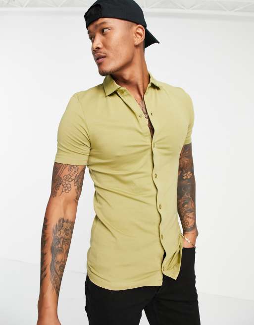 ASOS DESIGN organic button through jersey shirt in khaki | ASOS