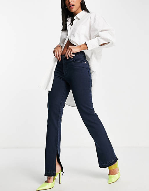 Women organic cotton blend '90s' straight leg jean in navy with side split 