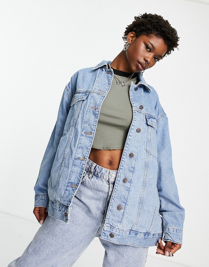 ASOS DESIGN organic cotton blend denim oversized jacket with check lining in midwash-Blue