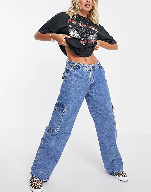 Women organic cotton blend low rise 'relaxed' dad jeans with patch pockets in midwash 